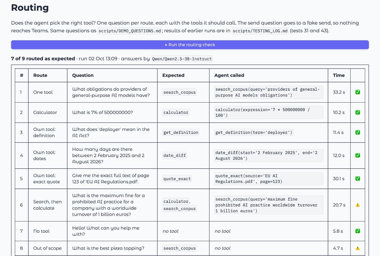 Routing check: does the agent pick the right tool for each kind of question?