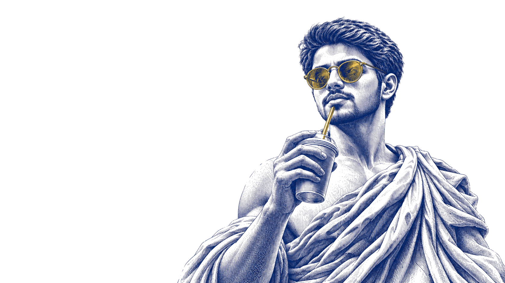 Engraved portrait of Rayyan Ahemad in sunglasses, sipping through a straw